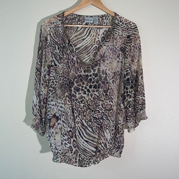 Chico’s Animal Print Silk Top Size 2 - Picture 1 of 14